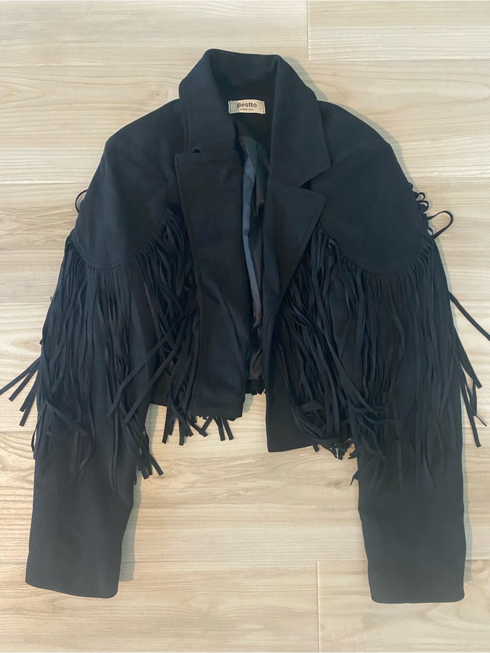 Bestto Black Fringe Cropped Jacket